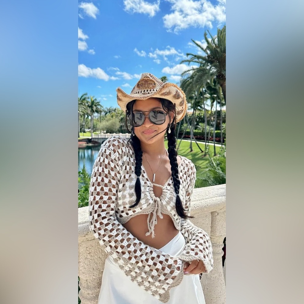 Tan and White Checkered Knit Sweater